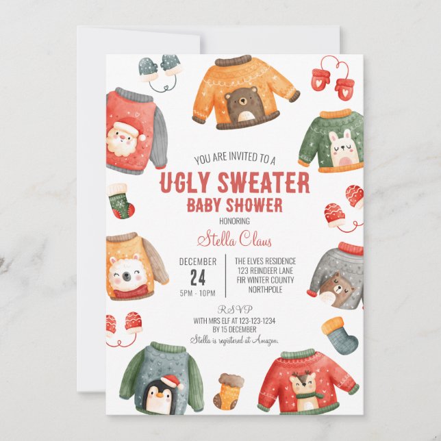Ugly Sweater Baby Shower, Christmas Shower Invitation (Front)