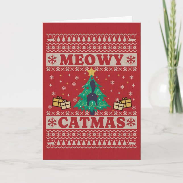 Ugly Sweater Cat in Tree Christmas Card (Front)