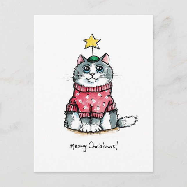 Ugly Sweater Cat - Meowy Christmas Postcard (Front)