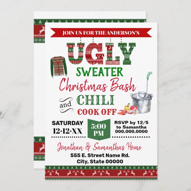 Ugly Sweater & Chilli Cook Off Christmas Bash Invitation (Front/Back)