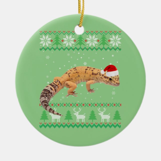 Ugly Sweater Christmas Animals Santa Leopard Gecko Ceramic Tree Decoration (Front)