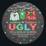 Ugly Sweater Christmas Baby Shower Classic Round Sticker<br><div class="desc">Celebrate in style with these trendy baby shower stickers. The design is easy to personalise with your own wording and your family and friends will be thrilled when they see these fabulous stickers.</div>