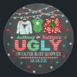 Ugly Sweater Christmas Baby Shower Classic Round Sticker<br><div class="desc">Celebrate in style with these trendy baby shower stickers. The design is easy to personalise with your own wording and your family and friends will be thrilled when they see these fabulous stickers.</div>