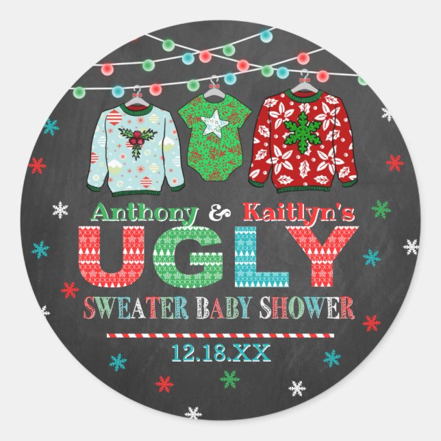 Ugly Sweater Christmas Baby Shower Classic Round Sticker (Front)