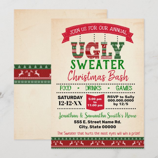Ugly sweater Christmas bash annual party Invitation (Front/Back)