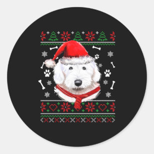 Ugly Sweater Christmas Bobtail Dog Santa Hat Pajam Classic Round Sticker