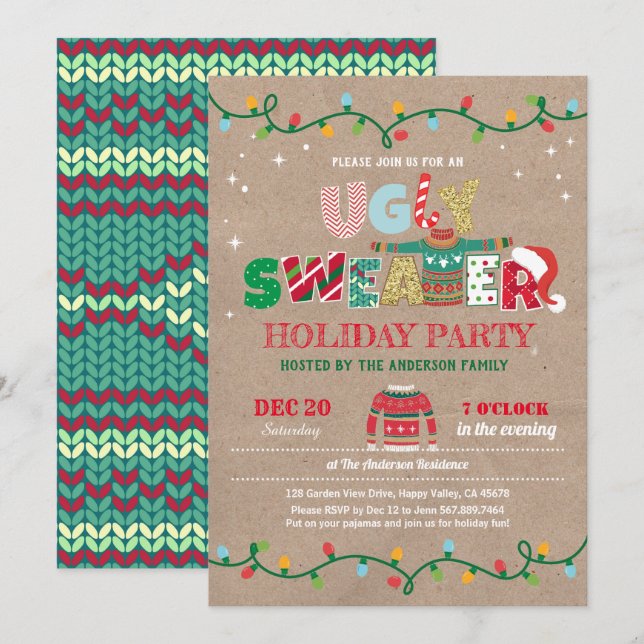 Ugly sweater Christmas holiday party rustic Invitation (Front/Back)
