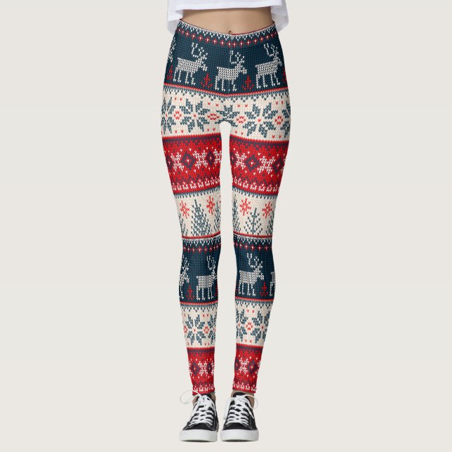 Ugly Sweater Christmas Knitting Pattern Reindeer Leggings (Front)