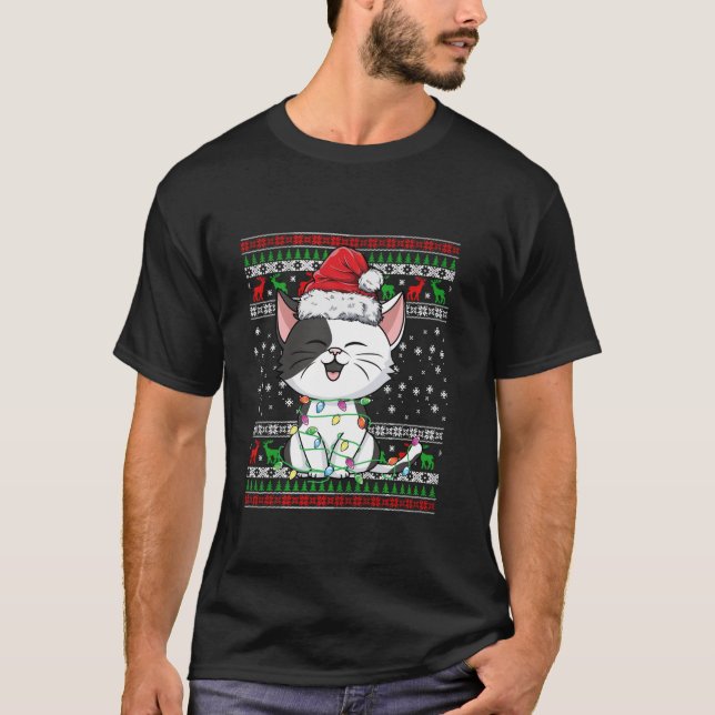 Ugly Sweater Christmas Lights Cat Funny Xmas Men W (Front)
