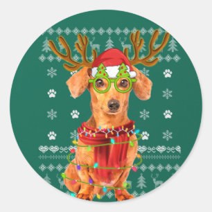 Ugly Sweater Christmas Lights Dachshund Dog Puppy Classic Round Sticker