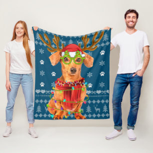 Ugly Sweater Christmas Lights Dachshund Dog Puppy Fleece Blanket