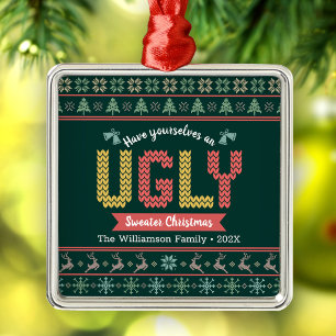 Ugly Sweater Christmas Nordic Hunter Green Knit Metal Tree Decoration