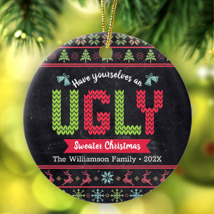 Ugly Sweater Christmas Nordic Knit Fun Chalkboard Ceramic Tree Decoration