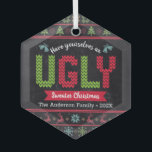 Ugly Sweater Christmas Nordic Knit Fun Chalkboard  Glass Tree Decoration<br><div class="desc">“Have yourself an ugly sweater Christmas.” Help decorate your tree in “style” with this unique, fun holiday premium glass ornament! Nordic knit fair isle pattern of whimsical trees, reindeer, ornaments, along with playful “sweater” typography in red, green and aqua blue, overlay a chalkboard background. Feel the warmth and joy of...</div>