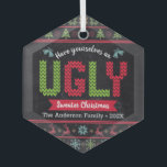 Ugly Sweater Christmas Nordic Knit Fun Chalkboard  Glass Tree Decoration<br><div class="desc">“Have yourself an ugly sweater Christmas.” Help decorate your tree in “style” with this unique, fun holiday premium glass ornament! Nordic knit fair isle pattern of whimsical trees, reindeer, ornaments, along with playful “sweater” typography in red, green and aqua blue, overlay a chalkboard background. Feel the warmth and joy of...</div>
