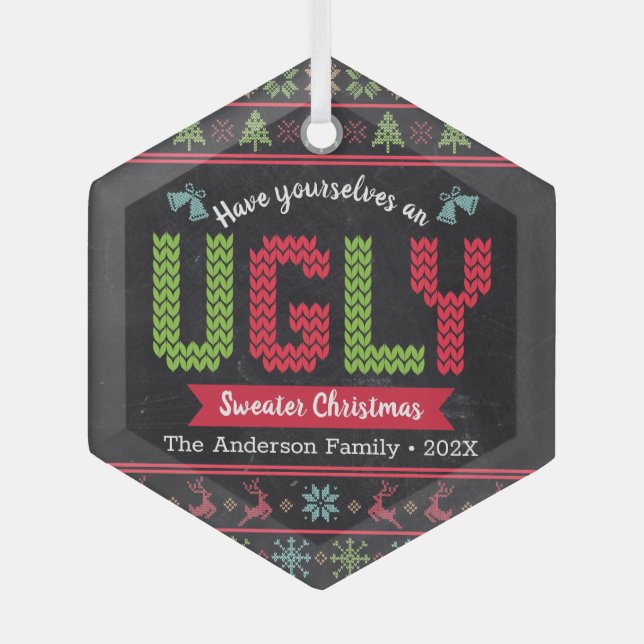 Ugly Sweater Christmas Nordic Knit Fun Chalkboard  Glass Tree Decoration (Front)