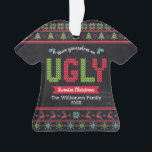 Ugly Sweater Christmas Nordic Knit Name Chalkboard Ornament<br><div class="desc">“Have yourself an ugly sweater Christmas.” Help decorate your tree in “style” with this unique, fun holiday ornament! Nordic knit fair isle pattern of whimsical trees, reindeer, ornaments, along with playful “sweater” typography in red, green and aqua blue, overlay a chalkboard background. Feel the warmth and joy of the holiday...</div>