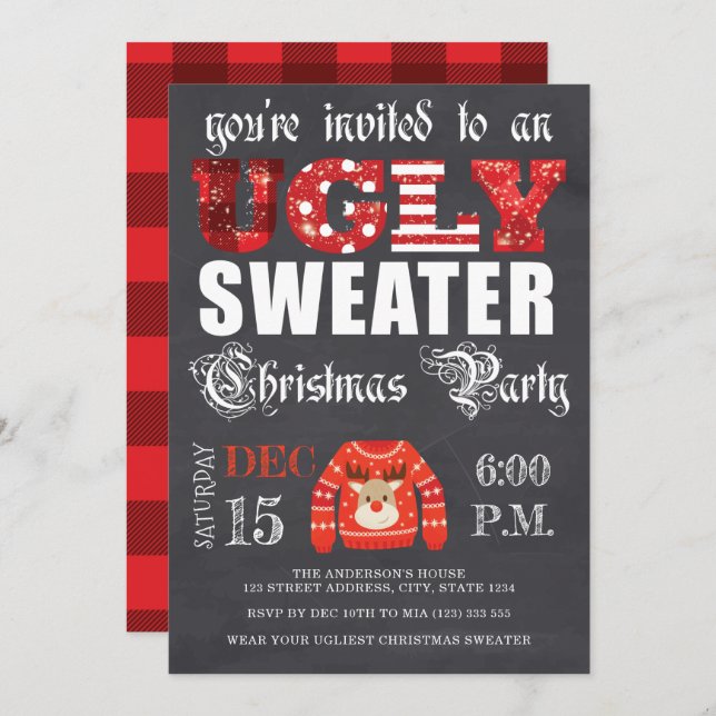 Ugly Sweater Christmas Party Chalkboard Red Invitation (Front/Back)