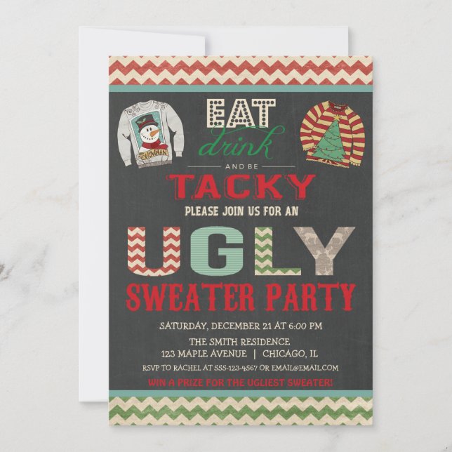 Ugly Sweater Christmas Party Eat Drink Tacky Invitation (Front)
