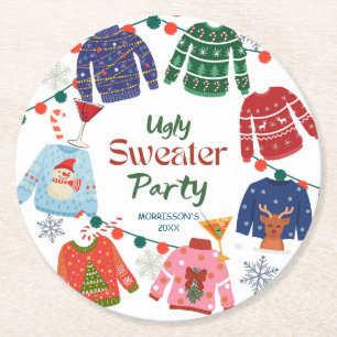 Ugly sweater Christmas party funny Round Paper Coaster