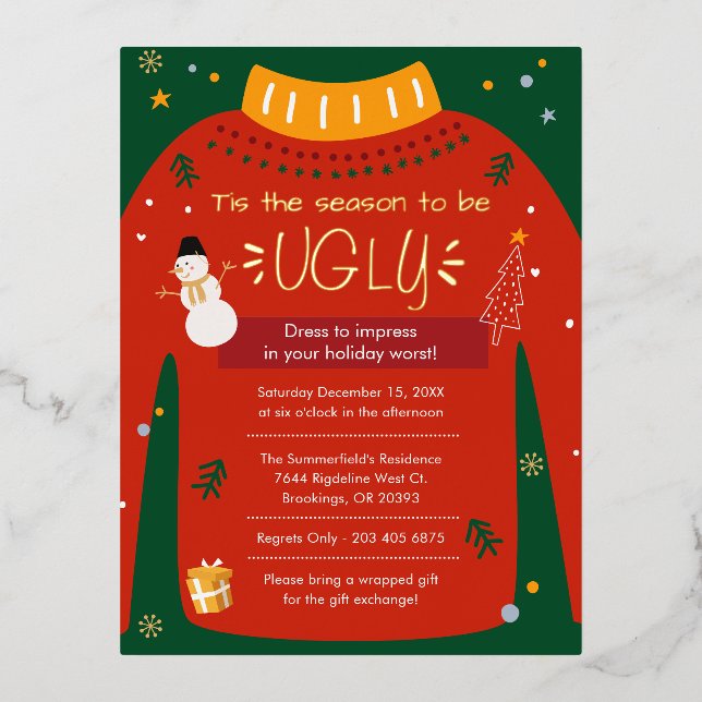 Ugly Sweater Christmas Party Gold Foil Holiday Postcard (Front)