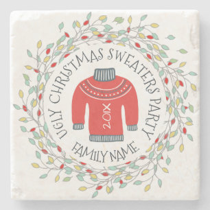 Ugly Sweater Christmas Party Text & Winter Wreaths Stone Coaster