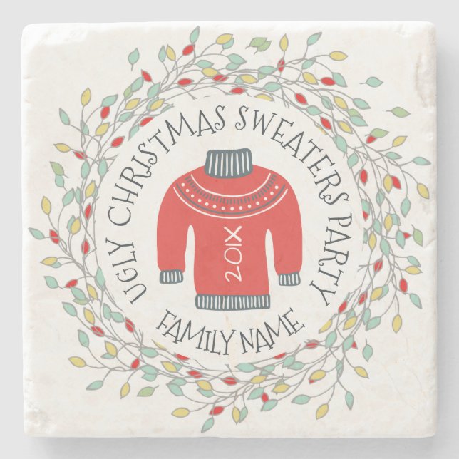 Ugly Sweater Christmas Party Text & Winter Wreaths Stone Coaster (Front)