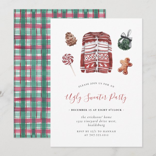 Ugly Sweater Christmas Party Watercolor Flannel  Invitation (Front/Back)