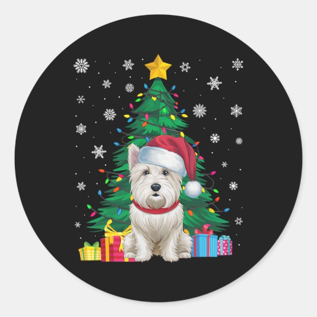 Ugly Sweater Christmas Tree Lights Westie Dog Sant Classic Round Sticker (Front)