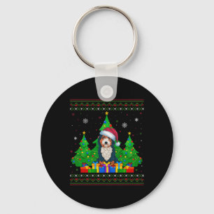 Ugly Sweater Christmas Tree Santa Hat Bernedoodle Key Ring