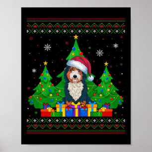 Ugly Sweater Christmas Tree Santa Hat Bernedoodle Poster