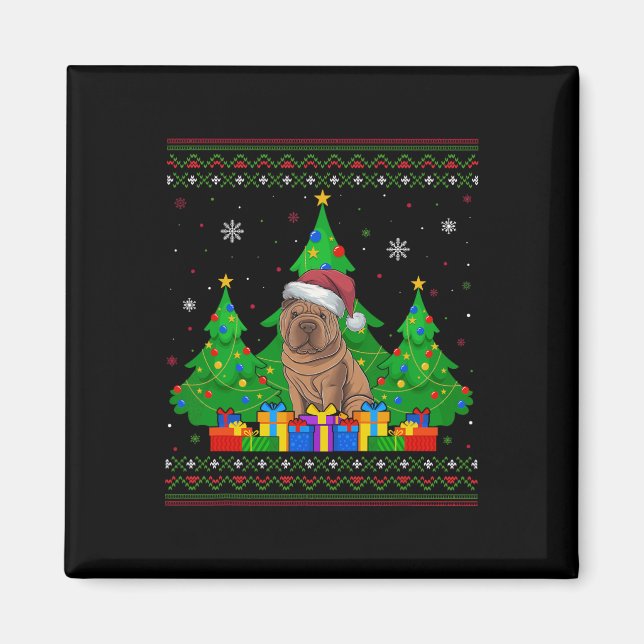 Ugly Sweater Christmas Tree Santa Hat Shar Pei Dog Magnet (Front)