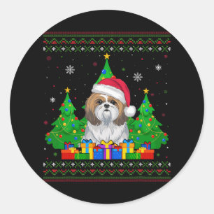 Ugly Sweater Christmas Tree Santa Hat Shih Tzu Dog Classic Round Sticker