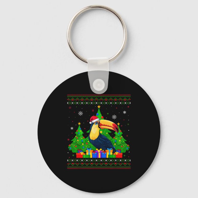 Ugly Sweater Christmas Tree Santa Hat Toucans Xmas Key Ring (Front)