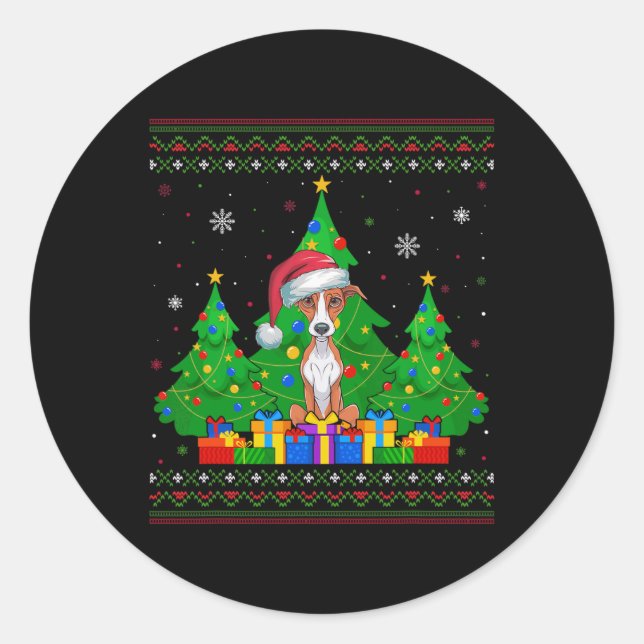 Ugly Sweater Christmas Tree Santa Hat Whippet Dog  Classic Round Sticker (Front)