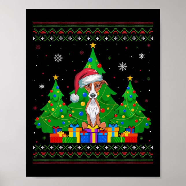 Ugly Sweater Christmas Tree Santa Hat Whippet Dog  Poster (Front)