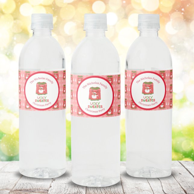 Ugly Sweater Funny Reindeer Christmas Party Water Bottle Label (Creator Uploaded)