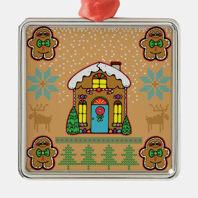 Ugly Sweater Gingerbread House Men Metal Tree Decoration (Front)
