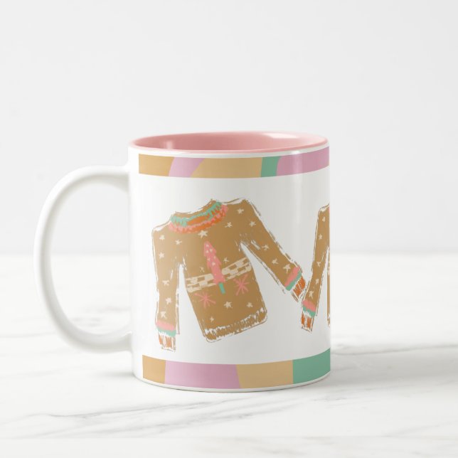 Ugly Sweater Groovy Christmas Pink Earthy  Two-Tone Coffee Mug (Left)