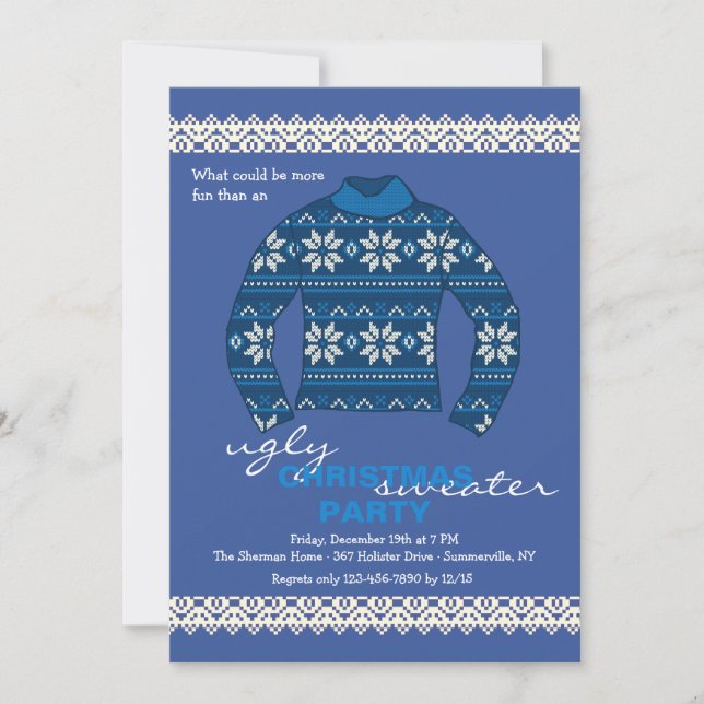 Ugly Sweater Holiday Party Invitation in Blue (Front)