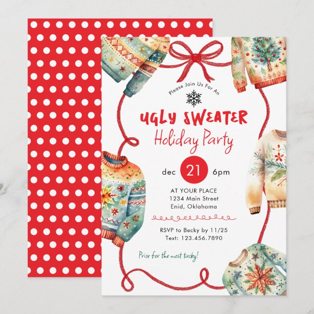Ugly Sweater Holiday Party Watercolor Invitation (Front/Back)