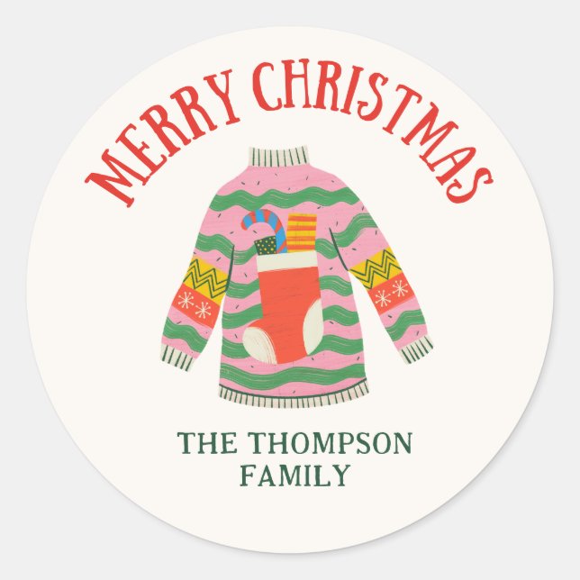 UGLY SWEATER, HOLIDAY ROUND STICKER  (Front)
