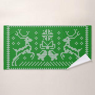 Ugly sweater jingle bells Christmas deers green Bath Towel