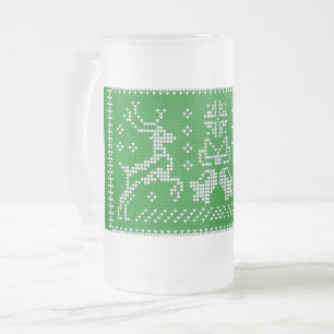 Ugly sweater jingle bells Christmas deers green Frosted Glass Beer Mug