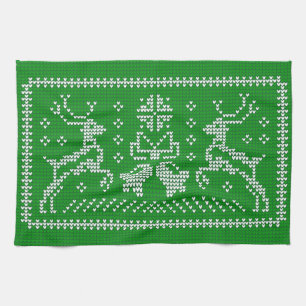 Ugly sweater jingle bells Christmas deers green  Tea Towel