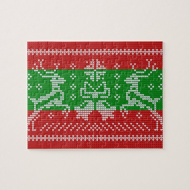 Ugly sweater jingle bells Xmas reindeers crochet Jigsaw Puzzle (Horizontal)