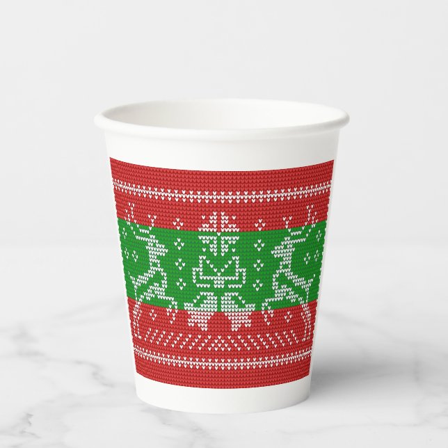 Ugly sweater jingle bells Xmas reindeers crochet Paper Cups (Front)
