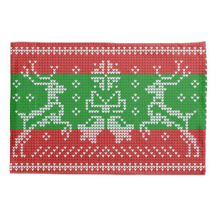 Ugly sweater jingle bells Xmas reindeers crochet Pillowcase