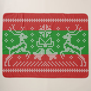 Ugly sweater jingle bells Xmas reindeers crochet Sherpa Blanket
