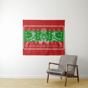 Ugly sweater jingle bells Xmas reindeers crochet Tapestry